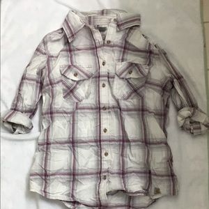 Carhartt Flannel purple and white collar shirt.